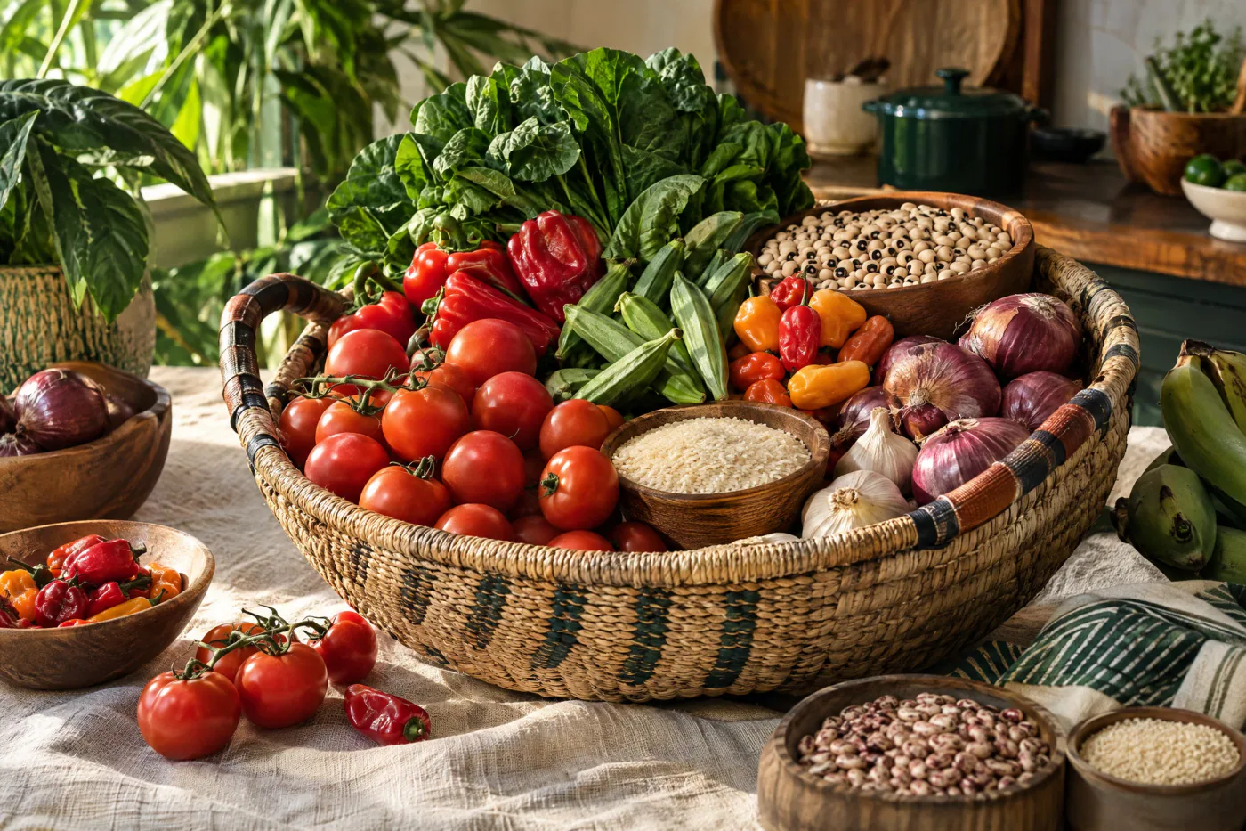 A market basket filled with fresh produce and pantry staples