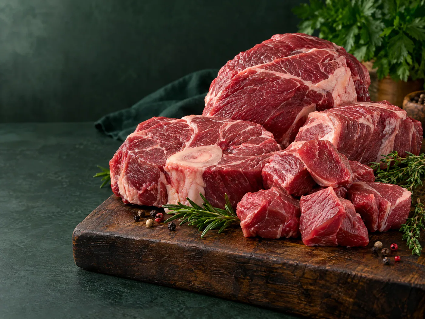 Fresh beef cuts styled for a home-cooking spread
