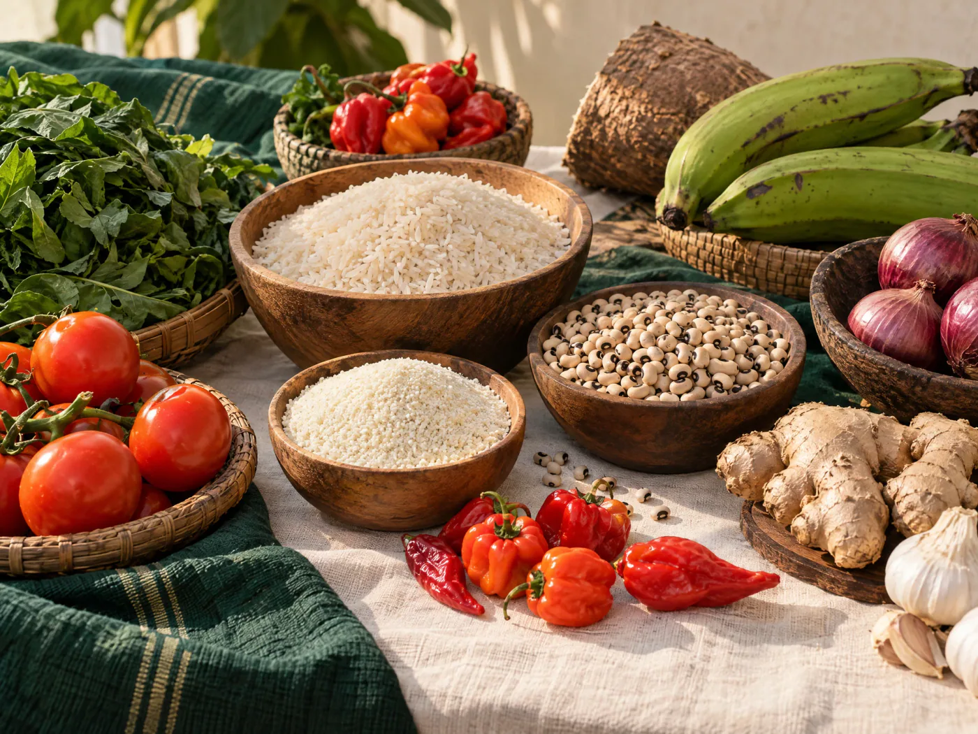 Rice, beans, garri, vegetables and fresh ingredients arranged on a market table