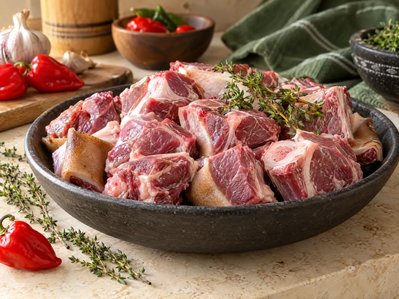 Fresh goat meat cuts on a warm kitchen counter