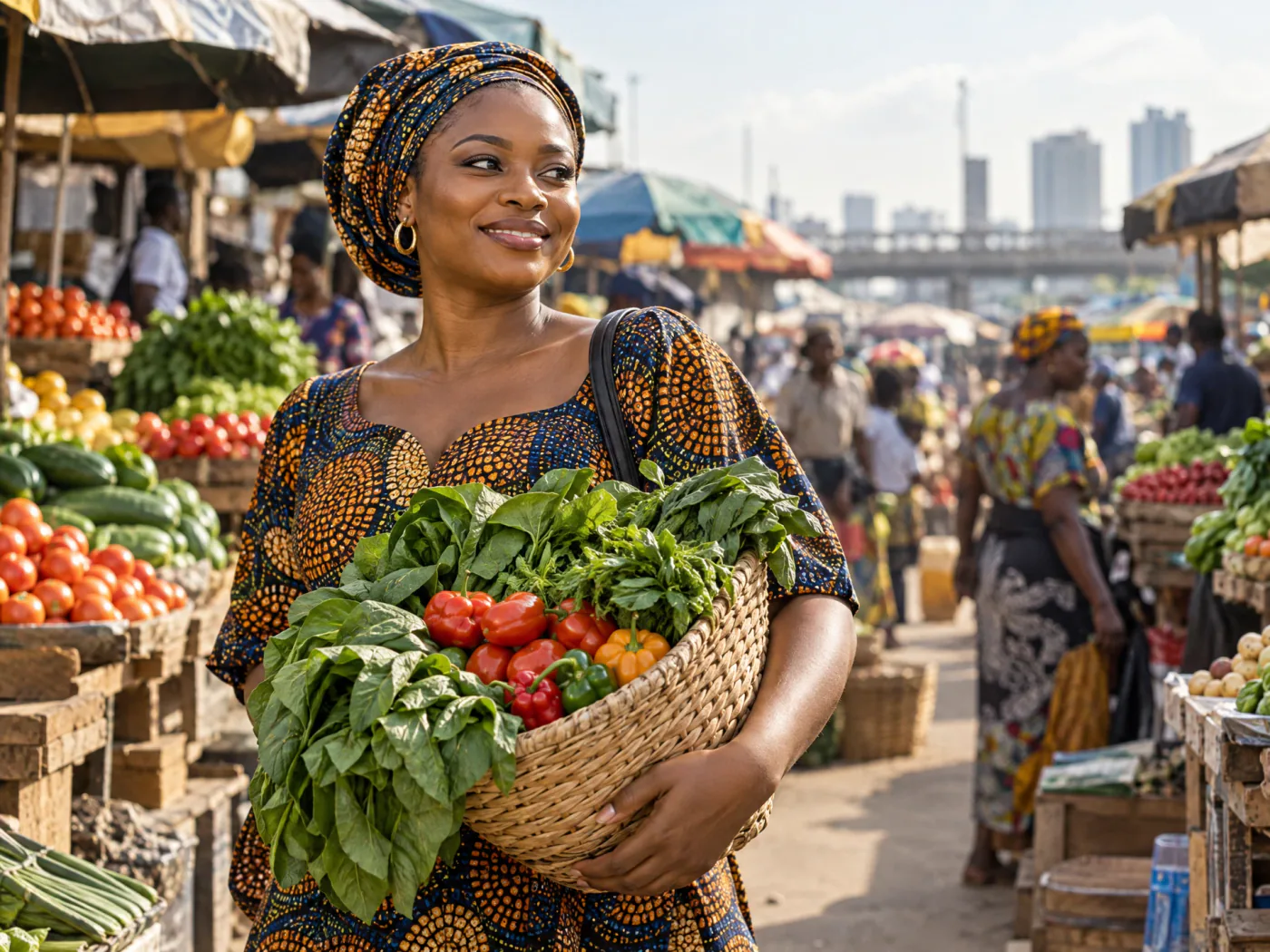 A Lagos shopper choosing fresh produce for a home grocery list